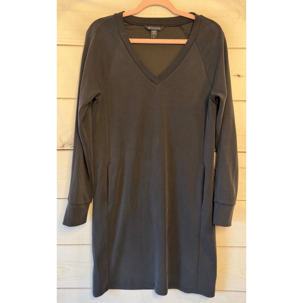 Athleta Coaster Luxe V-Neck Dress Black Long Sleeve Sweatshirt Dress Small